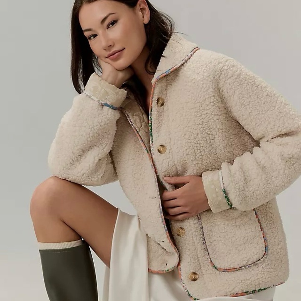 Anthropologie Mable Reversible Sherpa Fleece Jacket Floral Boho Size Medium M